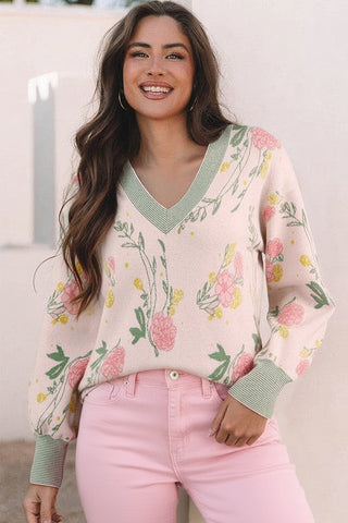 Floral Stripe Contrast V-Neck Sweater
