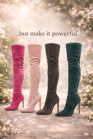 Four pairs of colorful knee-high boots on a wooden surface with a blurred natural background.