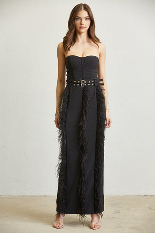 Feather Corset Dress with Gold Buckle Belt