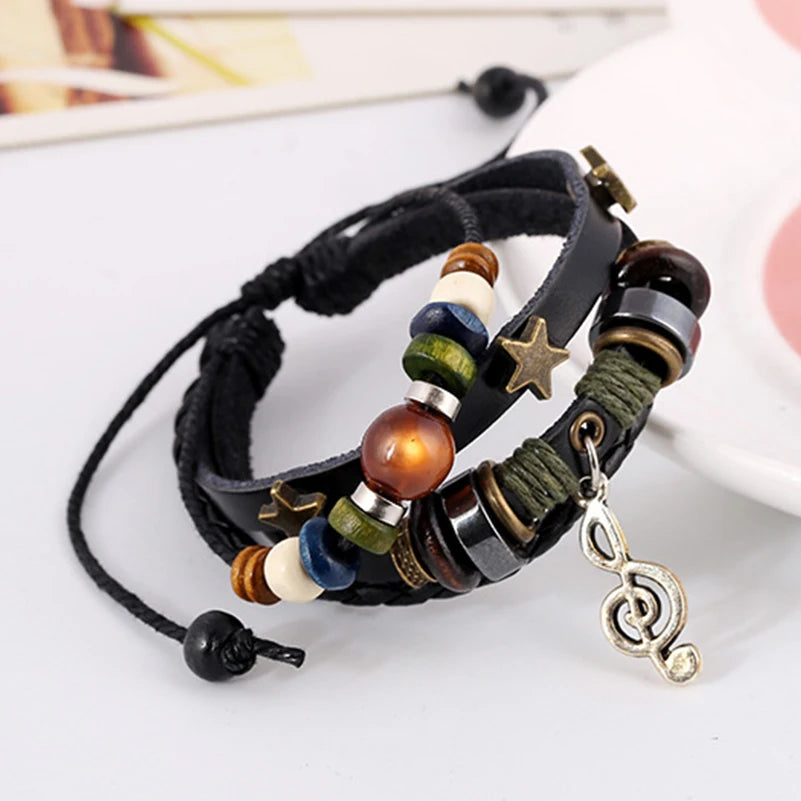 Handmade Boho Gypsy Hippie Design Brown Leather Star G Clef Note Metal