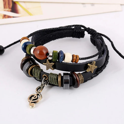 Handmade Boho Gypsy Hippie Design Brown Leather Star G Clef Note Metal