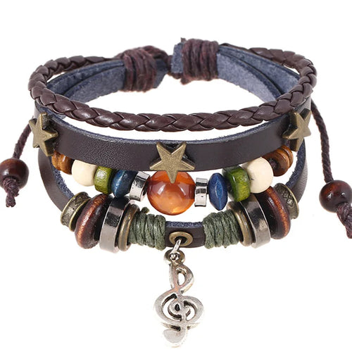 Handmade Boho Gypsy Hippie Design Brown Leather Star G Clef Note Metal