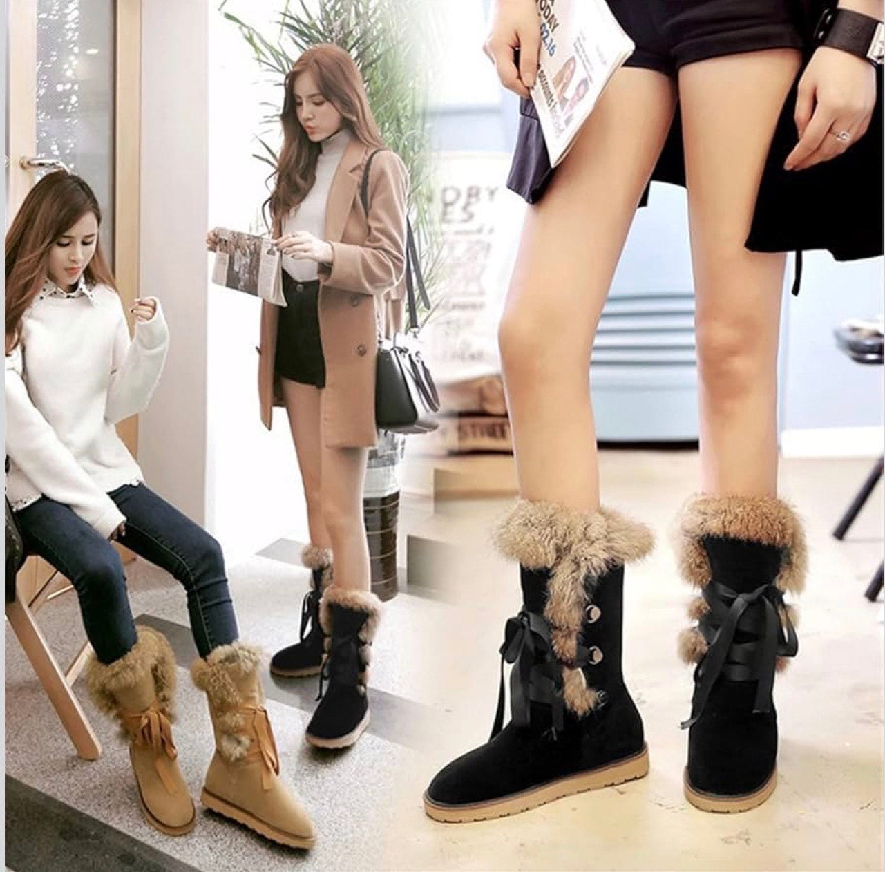 Women's Nubuck Snow Boots - Warm Winter Lace-Up Booties