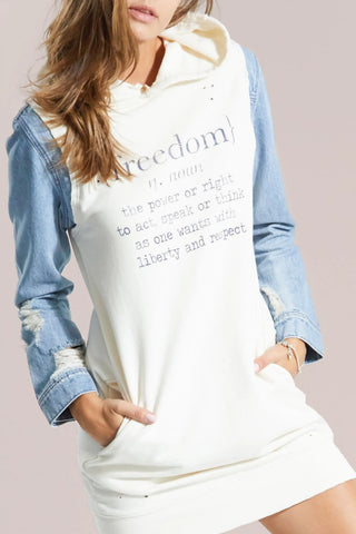 Nina Heritage Dress - Relaxed Hoodie Dress with Denim Sleeves by Olive Baobab