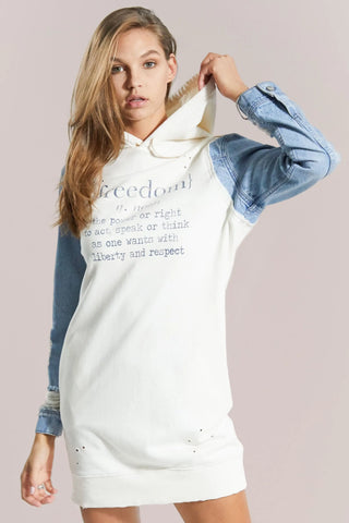 Nina Heritage Dress - Relaxed Hoodie Dress with Denim Sleeves by Olive Baobab