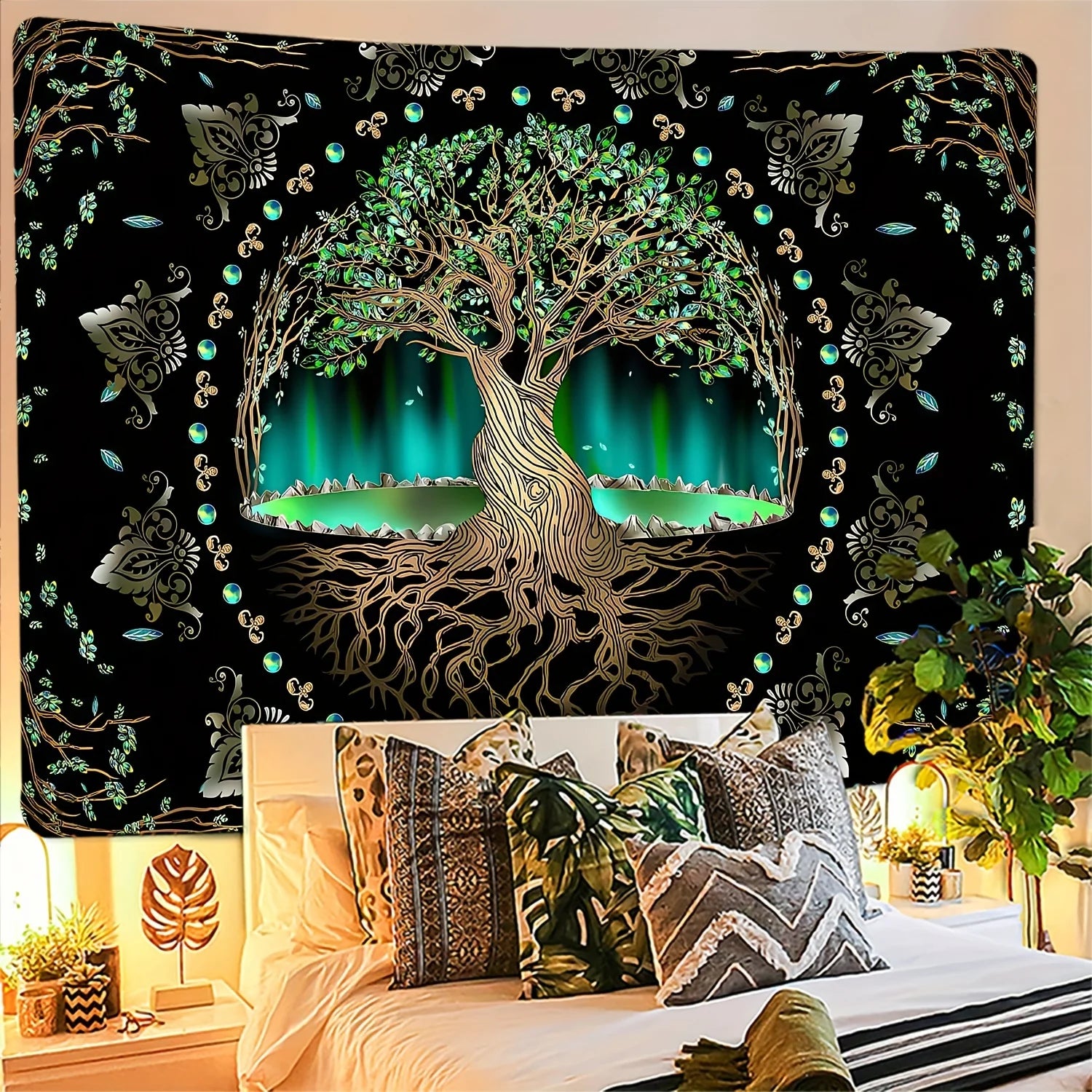 1Pcs 75x58cm Tree of Life Tapestry BlackLight Sun Moon Stars Galaxy