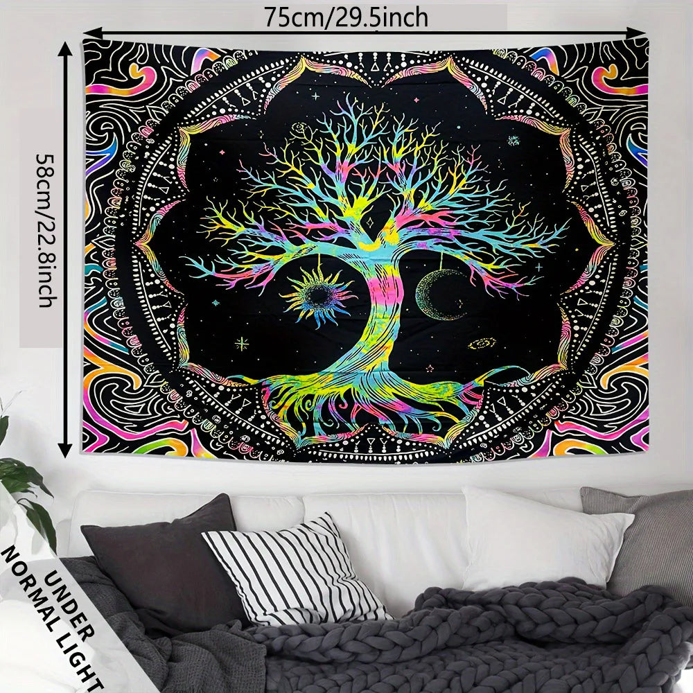 1Pcs 75x58cm Tree of Life Tapestry BlackLight Sun Moon Stars Galaxy
