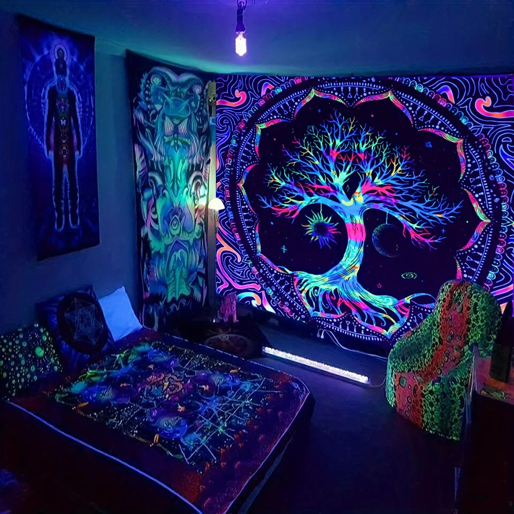 1Pcs 75x58cm Tree of Life Tapestry BlackLight Sun Moon Stars Galaxy