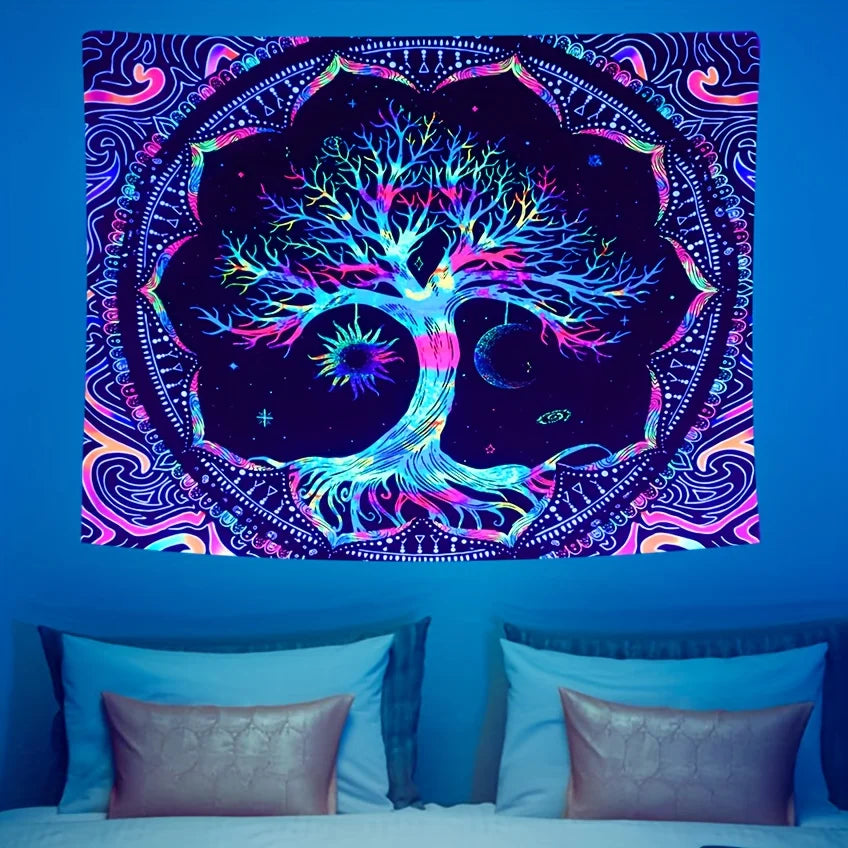 1Pcs 75x58cm Tree of Life Tapestry BlackLight Sun Moon Stars Galaxy