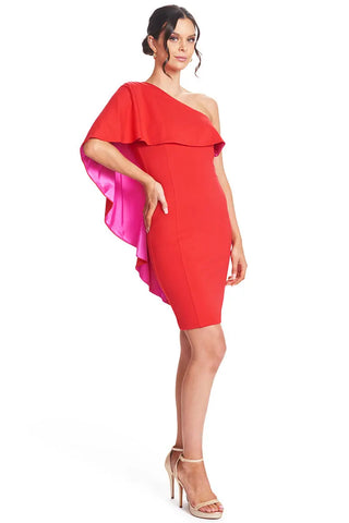 Shero Asymmetric Cape Dress - Red Bodycon Cocktail Dress with Contrast by Peach Dionysus
