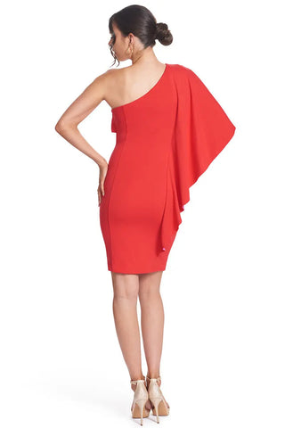 Shero Asymmetric Cape Dress - Red Bodycon Cocktail Dress with Contrast by Peach Dionysus