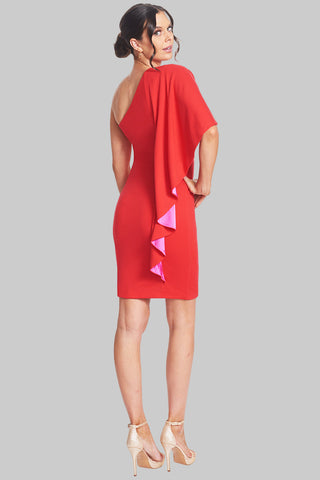 Shero Asymmetric Cape Dress - Red Bodycon Cocktail Dress with Contrast