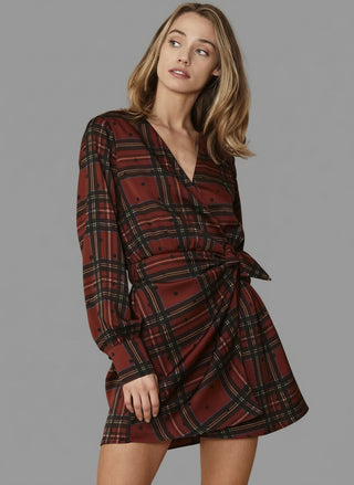 Plaid-polkadot Mini Wrap Dress in Brick