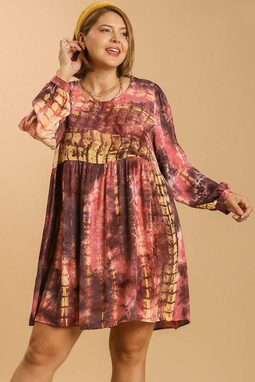 Umgee Full Size Tie Dye Long Sleeve Babydoll Dress with Keyhole Plus
