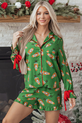 Christmas Bow Top and Ruffle Shorts Pajama Set