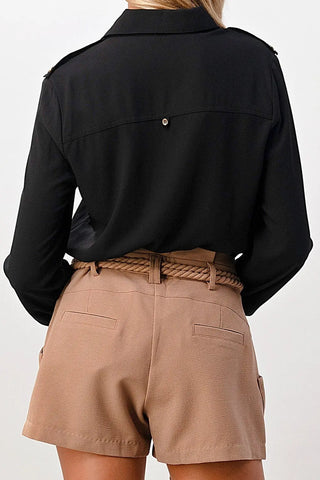 Long Sleeve Button-Down Blouse with Gold Button Accents - Military Inspired Top by Indigo Arrowwood