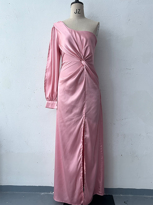 Women's One-shoulder Split Dress Ins Fashion Long-sleeved Slim Long