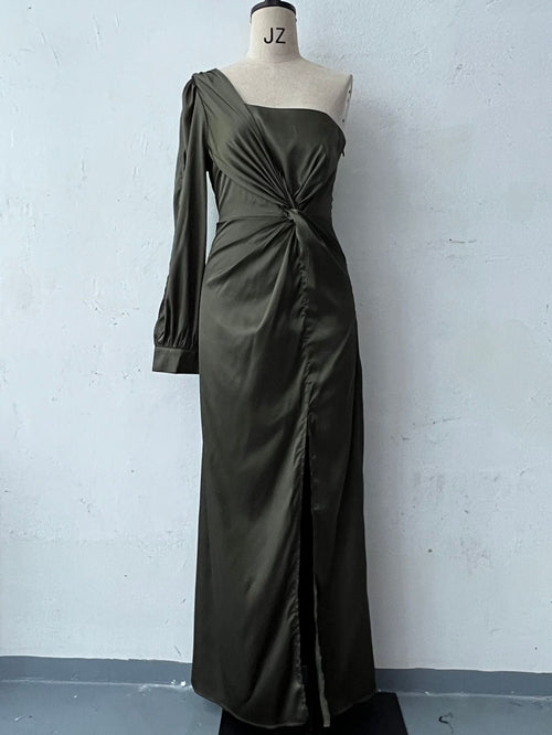 Women's One-shoulder Split Dress Ins Fashion Long-sleeved Slim Long