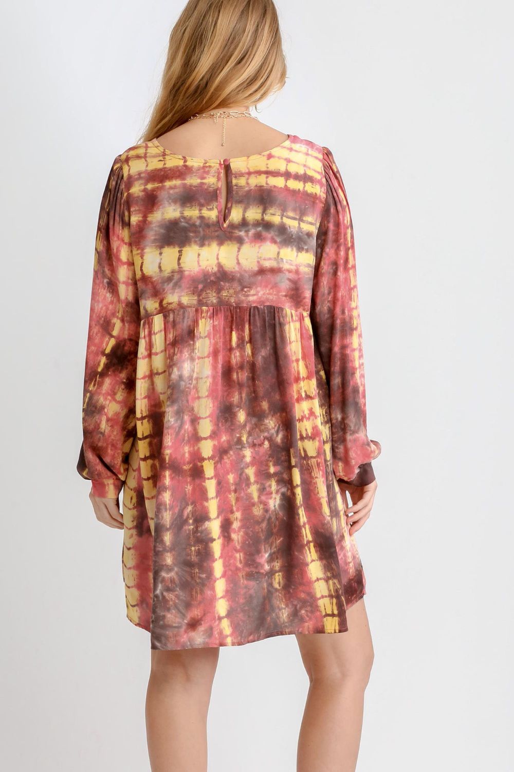 Umgee Full Size Tie Dye Long Sleeve Babydoll Dress with Keyhole Plus