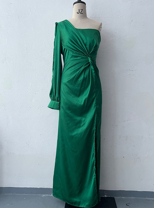 Women's One-shoulder Split Dress Ins Fashion Long-sleeved Slim Long