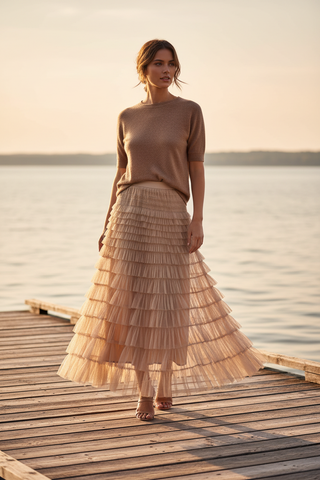 Beige Brown Ruffled Maxi Skirt on Dock