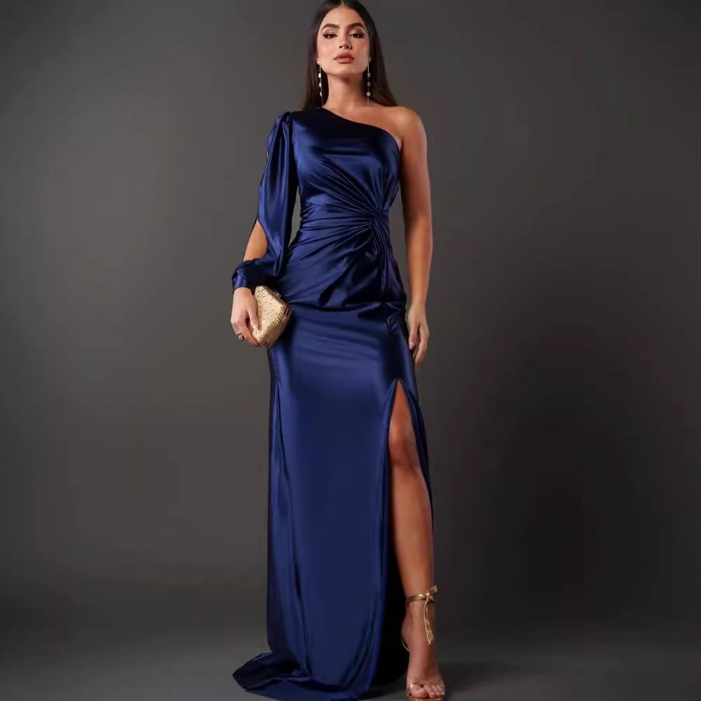 Women's One-shoulder Split Dress Ins Fashion Long-sleeved Slim Long