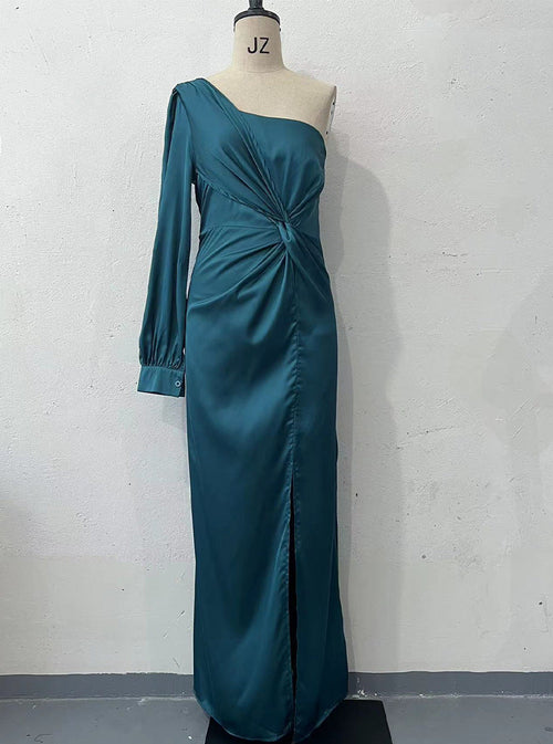 Women's One-shoulder Split Dress Ins Fashion Long-sleeved Slim Long