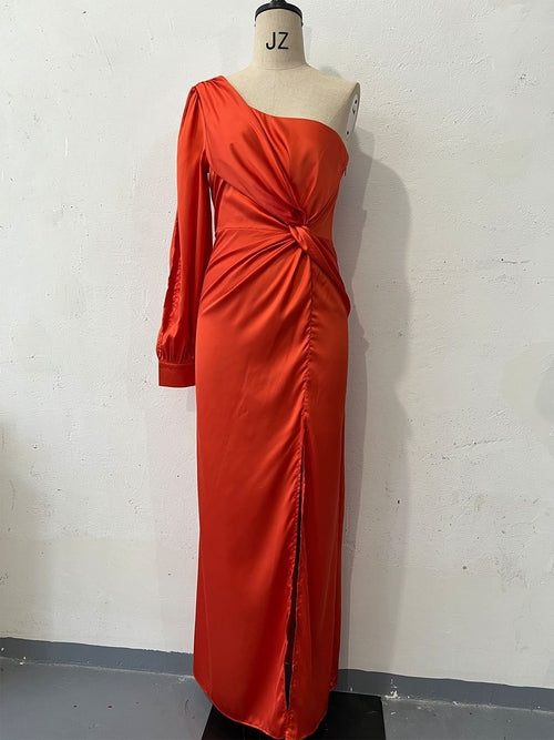 Women's One-shoulder Split Dress Ins Fashion Long-sleeved Slim Long