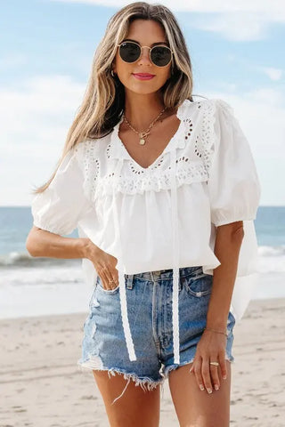Ivory Embroidered Lace Tie Blouse - Romantic Puff Sleeve Top by Jade Icarus