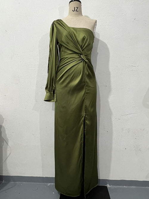Women's One-shoulder Split Dress Ins Fashion Long-sleeved Slim Long