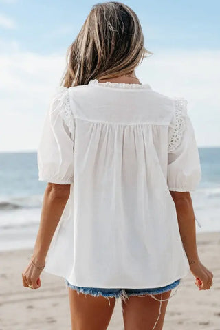 Ivory Embroidered Lace Tie Blouse - Romantic Puff Sleeve Top by Jade Icarus