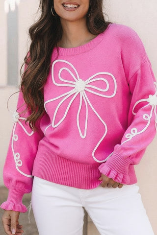 Bow Corded Floral Ribbed Trim Sweater
