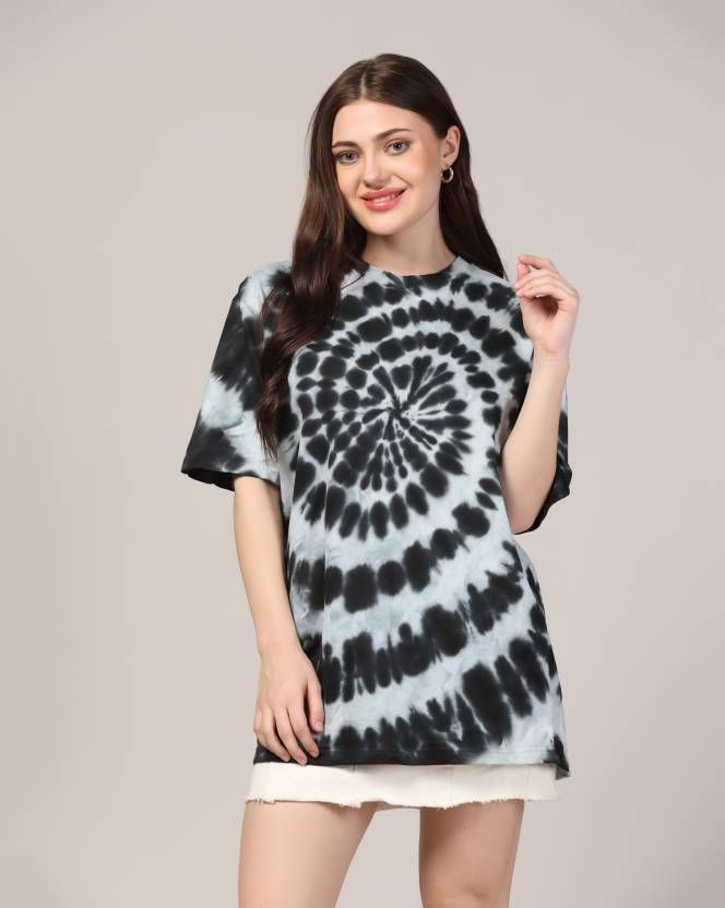 Women Tie & Dye Round Neck Pure Cotton (Size-L) (Color-WHITE&BLACK)
