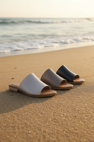 Levi Slide Sandals on beach - shiny patent leather