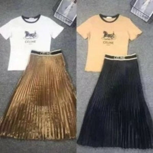 Chic Two Pieces Set Long Pleated Skirt & T-Shirt Set