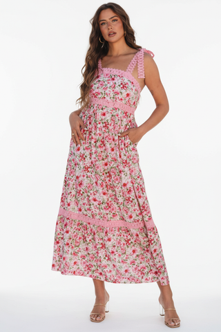 Pink Floral Maxi Dress Front - Elegant Heels