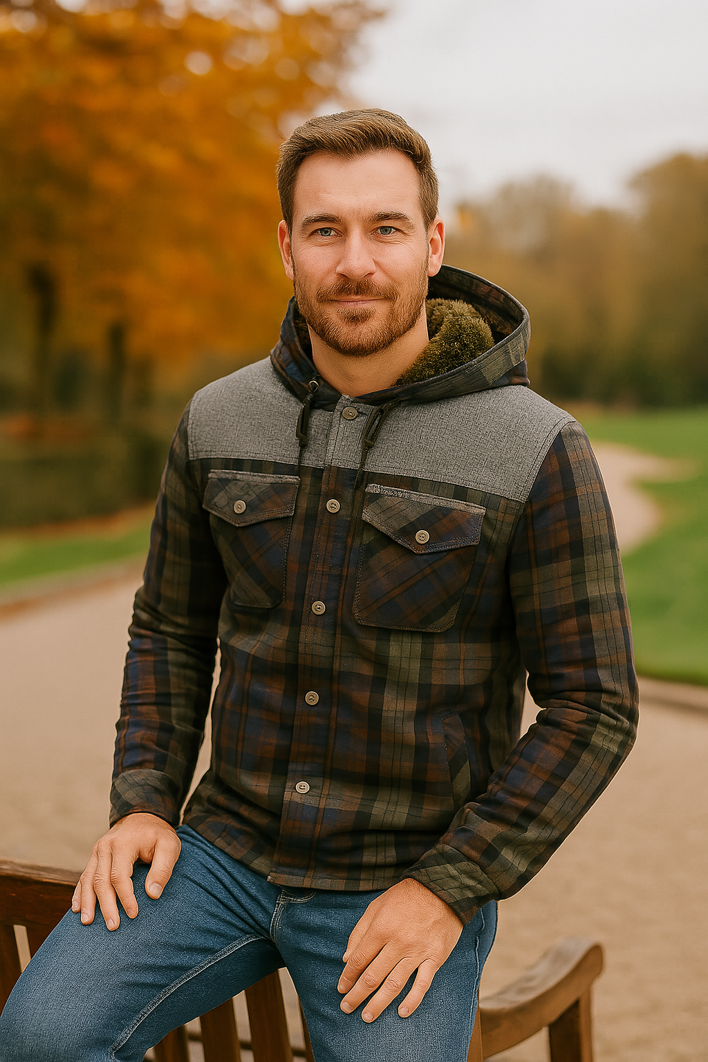 Men's Drawstring Plaid Fleece Lined Hooded Jacket