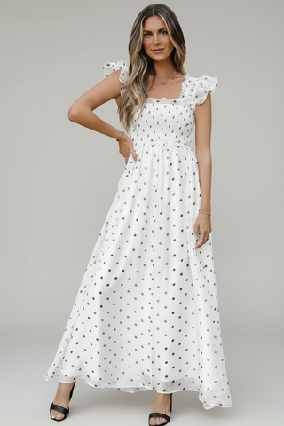 Polka Dot Flutter Sleeve Smocked Maxi Dress - Coastal Setting
