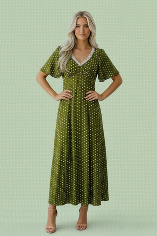 Polka Dot Lace V-Neck Smocked Maxi Dress - Coastal Setting