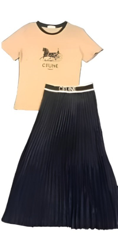Chic Two Pieces Set Long Pleated Skirt & T-Shirt Set
